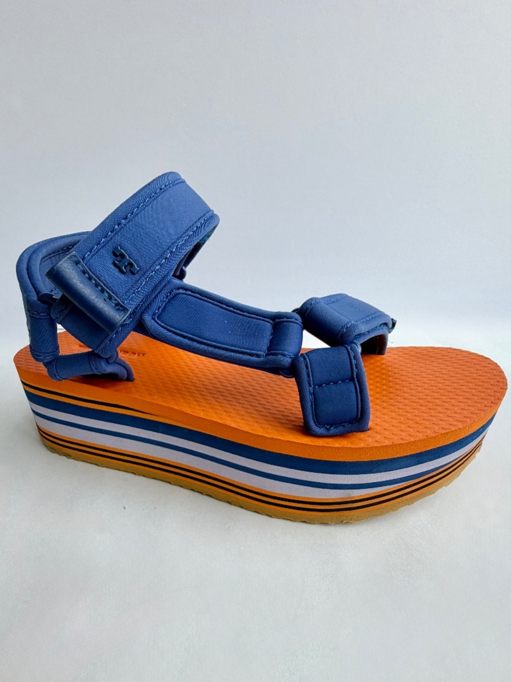 Tory Burch Sport Platform Sandals Blue Orange Striped Sole Size 6